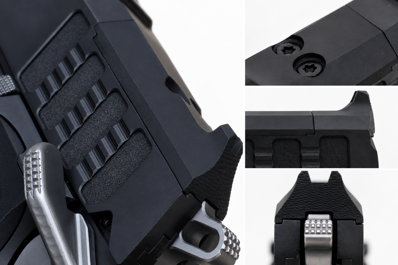 Jacob Grey Hex Pro handguns equipped with the fixed rear sight plate