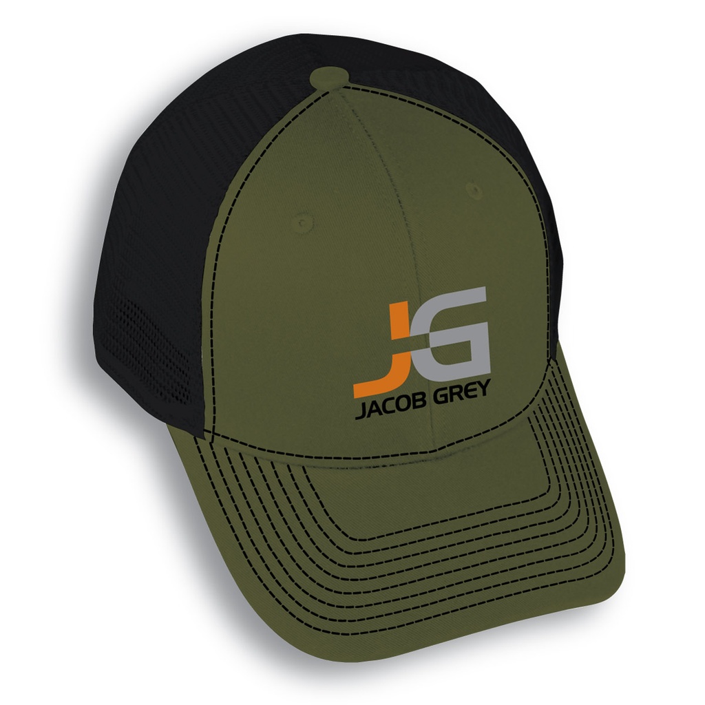Jacob Grey Hat, Olive and Black, Trucker Style, 2 color logo