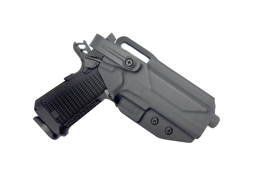Alpha Omega ARES Level 2 OWB Holster – TWC Black / Hex – Right Hand – Black Kydex – TRS + QLS