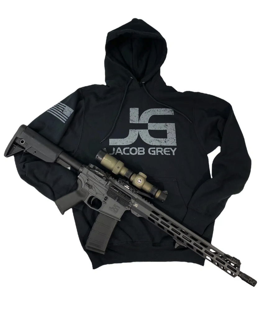 Jacob Grey Hoodie - Armor Black, Distressed JG Logo and U.S. Flag